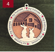 Load image into Gallery viewer, Farm animal ornament.  Adorable ornament displays your choice of farm animals and a farm background you can choose.  Wording around the edges states I love (shown as a red heart) with the animal of your choosing.