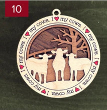 Load image into Gallery viewer, Farm animal ornament.  Adorable ornament displays your choice of farm animals and a farm background you can choose.  Wording around the edges states I love (shown as a red heart) with the animal of your choosing.
