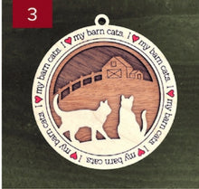 Load image into Gallery viewer, Farm animal ornament.  Adorable ornament displays your choice of farm animals and a farm background you can choose.  Wording around the edges states I love (shown as a red heart) with the animal of your choosing.