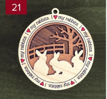 Load image into Gallery viewer, Farm animal ornament.  Adorable ornament displays your choice of farm animals and a farm background you can choose.  Wording around the edges states I love (shown as a red heart) with the animal of your choosing.