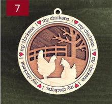 Load image into Gallery viewer, Farm animal ornament.  Adorable ornament displays your choice of farm animals and a farm background you can choose.  Wording around the edges states I love (shown as a red heart) with the animal of your choosing.