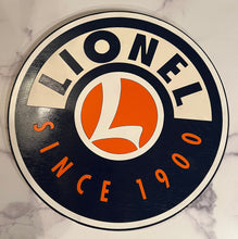 Load image into Gallery viewer, A circular wooden wall sign featuring the vintage Lionel