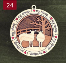 Load image into Gallery viewer, Farm animal ornament.  Adorable ornament displays your choice of farm animals and a farm background you can choose.  Wording around the edges states I love (shown as a red heart) with the animal of your choosing.