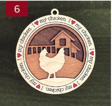 Load image into Gallery viewer, Farm animal ornament.  Adorable ornament displays your choice of farm animals and a farm background you can choose.  Wording around the edges states I love (shown as a red heart) with the animal of your choosing.