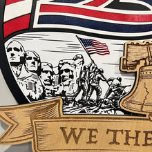 Load image into Gallery viewer, Celebrate America’s 250th Anniversary with this stunning layered laser cut sign, a patriotic tribute to the spirit, strength, and history of the United States. Featuring a majestic bald eagle soaring over a flowing American flag, this eye-catching piece also includes a beautifully engraved scene showcasing iconic American landmarks and heritage-inspired details.