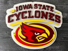 Load image into Gallery viewer, A wood sign featuring the Cyclones, displayed on a dark gray wood-textured background.