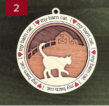 Load image into Gallery viewer, Farm animal ornament.  Adorable ornament displays your choice of farm animals and a farm background you can choose.  Wording around the edges states I love (shown as a red heart) with the animal of your choosing.