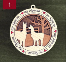 Load image into Gallery viewer, Farm animal ornament.  Adorable ornament displays your choice of farm animals and a farm background you can choose.  Wording around the edges states I love (shown as a red heart) with the animal of your choosing.