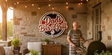 Load image into Gallery viewer, Give Dad's favorite grilling space a little personality with our Dad's Bar & Grill – Good Eats, Smoked Meats Sign! Whether he's the family grill master, king of the smoker, or simply loves spending weekends cooking up something delicious, this handmade sign is a fun way to celebrate his love of BBQ.