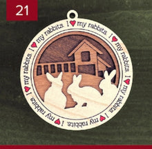 Load image into Gallery viewer, Farm animal ornament.  Adorable ornament displays your choice of farm animals and a farm background you can choose.  Wording around the edges states I love (shown as a red heart) with the animal of your choosing.