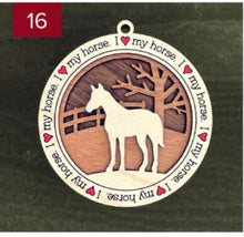 Load image into Gallery viewer, Farm animal ornament.  Adorable ornament displays your choice of farm animals and a farm background you can choose.  Wording around the edges states I love (shown as a red heart) with the animal of your choosing.