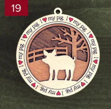 Load image into Gallery viewer, Farm animal ornament.  Adorable ornament displays your choice of farm animals and a farm background you can choose.  Wording around the edges states I love (shown as a red heart) with the animal of your choosing.