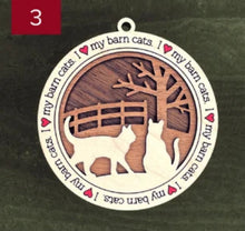 Load image into Gallery viewer, Farm animal ornament.  Adorable ornament displays your choice of farm animals and a farm background you can choose.  Wording around the edges states I love (shown as a red heart) with the animal of your choosing.