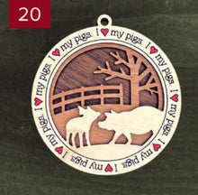 Load image into Gallery viewer, Farm animal ornament.  Adorable ornament displays your choice of farm animals and a farm background you can choose.  Wording around the edges states I love (shown as a red heart) with the animal of your choosing.