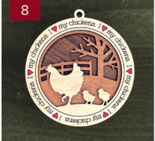 Load image into Gallery viewer, Farm animal ornament.  Adorable ornament displays your choice of farm animals and a farm background you can choose.  Wording around the edges states I love (shown as a red heart) with the animal of your choosing.