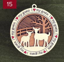 Load image into Gallery viewer, Farm animal ornament.  Adorable ornament displays your choice of farm animals and a farm background you can choose.  Wording around the edges states I love (shown as a red heart) with the animal of your choosing.