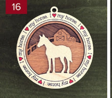 Load image into Gallery viewer, Farm animal ornament.  Adorable ornament displays your choice of farm animals and a farm background you can choose.  Wording around the edges states I love (shown as a red heart) with the animal of your choosing.