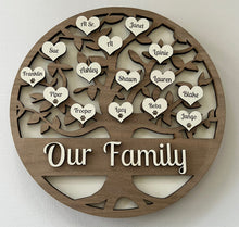 Load image into Gallery viewer, Design your own personalized family tree as a meaningful and cherished gift for beloved family members, with customizable heart detailing and a name of your choice along the base. As your family expands, more names can be included, making it a timeless keepsake.