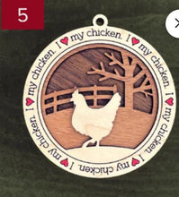 Load image into Gallery viewer, Farm animal ornament.  Adorable ornament displays your choice of farm animals and a farm background you can choose.  Wording around the edges states I love (shown as a red heart) with the animal of your choosing.
