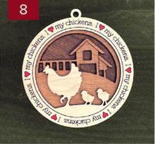 Load image into Gallery viewer, Farm animal ornament.  Adorable ornament displays your choice of farm animals and a farm background you can choose.  Wording around the edges states I love (shown as a red heart) with the animal of your choosing.