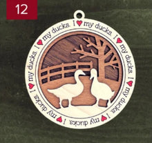 Load image into Gallery viewer, Farm animal ornament.  Adorable ornament displays your choice of farm animals and a farm background you can choose.  Wording around the edges states I love (shown as a red heart) with the animal of your choosing.