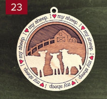 Load image into Gallery viewer, Farm animal ornament.  Adorable ornament displays your choice of farm animals and a farm background you can choose.  Wording around the edges states I love (shown as a red heart) with the animal of your choosing.
