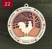 Load image into Gallery viewer, Farm animal ornament.  Adorable ornament displays your choice of farm animals and a farm background you can choose.  Wording around the edges states I love (shown as a red heart) with the animal of your choosing.