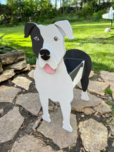 Load image into Gallery viewer, Let this adorable Pit Bull Dog Planter box help welcome guests to your home.  Custom dog tags with your dogs name also available (please message us - adds $5 to cost of planter box).  Great gift for the dog lovers in your life!