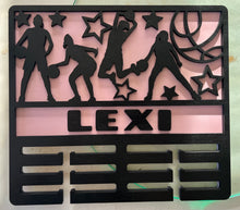 Load image into Gallery viewer, Celebrate your child’s achievements by displaying their metals on this beautiful award holder. This 15” award holder will prominently display at least 12 metals and can be customized with your child’s name and your choice of colors.