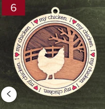 Load image into Gallery viewer, Farm animal ornament.  Adorable ornament displays your choice of farm animals and a farm background you can choose.  Wording around the edges states I love (shown as a red heart) with the animal of your choosing.