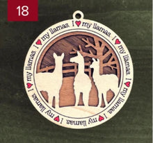 Load image into Gallery viewer, Farm animal ornament.  Adorable ornament displays your choice of farm animals and a farm background you can choose.  Wording around the edges states I love (shown as a red heart) with the animal of your choosing.