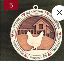 Load image into Gallery viewer, Farm animal ornament.  Adorable ornament displays your choice of farm animals and a farm background you can choose.  Wording around the edges states I love (shown as a red heart) with the animal of your choosing.
