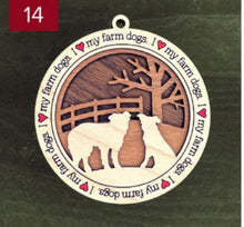 Load image into Gallery viewer, Farm animal ornament.  Adorable ornament displays your choice of farm animals and a farm background you can choose.  Wording around the edges states I love (shown as a red heart) with the animal of your choosing.