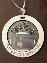 Load image into Gallery viewer, Add your picture to these adorable ornaments to create a treasured family keepsake.  You choose the wording around the outside, or add a name.  The possibilities are endless!
