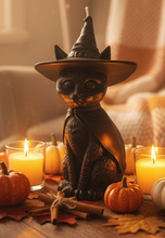 Load image into Gallery viewer, Celebrate the magic of Halloween with this enchanting Black Cat Beeswax Candle, handcrafted from 100% pure American beeswax. Featuring a charming black cat wearing a classic witch's hat adorned with a mystical triple moon symbol and skull centerpiece, this candle is the perfect accent for Halloween displays, gothic home décor, altars, and witchy spaces.