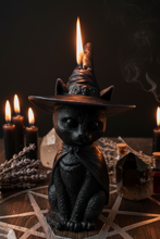 Load image into Gallery viewer, Black Cat Beeswax Candle with Witch Hat | Triple Moon | Triple Goddess