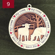 Load image into Gallery viewer, Farm animal ornament.  Adorable ornament displays your choice of farm animals and a farm background you can choose.  Wording around the edges states I love (shown as a red heart) with the animal of your choosing.
