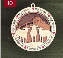 Load image into Gallery viewer, Farm animal ornament.  Adorable ornament displays your choice of farm animals and a farm background you can choose.  Wording around the edges states I love (shown as a red heart) with the animal of your choosing.