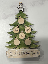 Load image into Gallery viewer, This beautiful Christmas Tree Personalized Ornament is sure to become a cherished, family favorite for years to come.  Add your loved ones and/or pets names to the ornaments on the tree to create a lasting keepsake.   Available in 3 different, hand painted styles and your choice of natural wood or colored ornaments.  Add a custom banner at the bottom to make it uniquely yours.  Please specify color of ornament and name when ordering.  