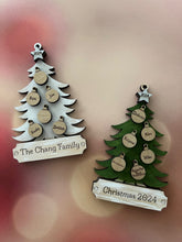Load image into Gallery viewer, This beautiful Christmas Tree Personalized Ornament is sure to become a cherished, family favorite for years to come.  Add your loved ones and/or pets names to the ornaments on the tree to create a lasting keepsake.   Available in 3 different, hand painted styles and your choice of natural wood or colored ornaments.  Add a custom banner at the bottom to make it uniquely yours.  Please specify color of ornament and name when ordering.  