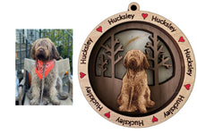 Load image into Gallery viewer, Create your own one-of-a-kind ornament using your pets photo!  These specialty ornaments are sure to be treasured for a lifetime.  Let us know what you'd like it to say around the outer rim of the ornament to make it the perfect gift for your loved one.