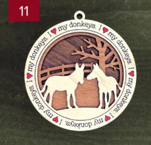 Load image into Gallery viewer, Farm animal ornament.  Adorable ornament displays your choice of farm animals and a farm background you can choose.  Wording around the edges states I love (shown as a red heart) with the animal of your choosing.