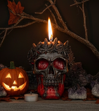 Load image into Gallery viewer, This creepy skull with leaf crown beeswax candle is sure to be a hit with your goth or Halloween loving friends. Adds the perfect touch to Halloween decor. This cryptic, gothic candle is great for Halloween decorations, gifts for skull loving friends, gothic decor, fall decor or just scary decor.