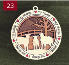 Load image into Gallery viewer, Farm animal ornament.  Adorable ornament displays your choice of farm animals and a farm background you can choose.  Wording around the edges states I love (shown as a red heart) with the animal of your choosing.