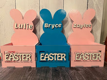 Load image into Gallery viewer, Make this Easter unforgettable with our Adorable Wood Crate Easter Basket, personalized with your child's name on top. Elevate the joy of the egg hunt and create lasting memories with these charming, customized Easter baskets designed just for your little ones.