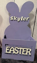 Load image into Gallery viewer, Make this Easter unforgettable with our Adorable Wood Crate Easter Basket, personalized with your child's name on top. Elevate the joy of the egg hunt and create lasting memories with these charming, customized Easter baskets designed just for your little ones.
