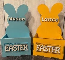 Load image into Gallery viewer, Make this Easter unforgettable with our Adorable Wood Crate Easter Basket, personalized with your child's name on top. Elevate the joy of the egg hunt and create lasting memories with these charming, customized Easter baskets designed just for your little ones.