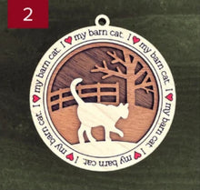 Load image into Gallery viewer, Farm animal ornament.  Adorable ornament displays your choice of farm animals and a farm background you can choose.  Wording around the edges states I love (shown as a red heart) with the animal of your choosing.