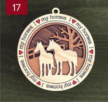 Load image into Gallery viewer, Farm animal ornament.  Adorable ornament displays your choice of farm animals and a farm background you can choose.  Wording around the edges states I love (shown as a red heart) with the animal of your choosing.