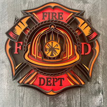 Load image into Gallery viewer, Honor the courage, dedication, and tradition of the fire service with this striking 5-layer Fire Department sign. Designed in the classic Maltese cross shape, this dimensional wood sign features a detailed firefighter helmet surrounded by crossed axes and bold “FIRE DEPT” lettering.